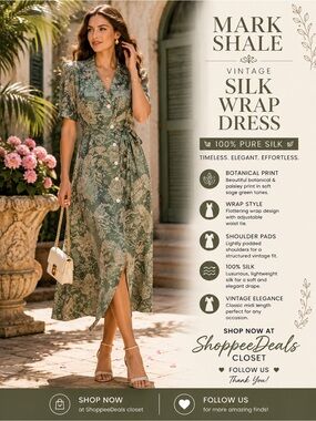 Vintage Mark Shale 100% Silk Botanical Wrap Midi Dress – Size 4